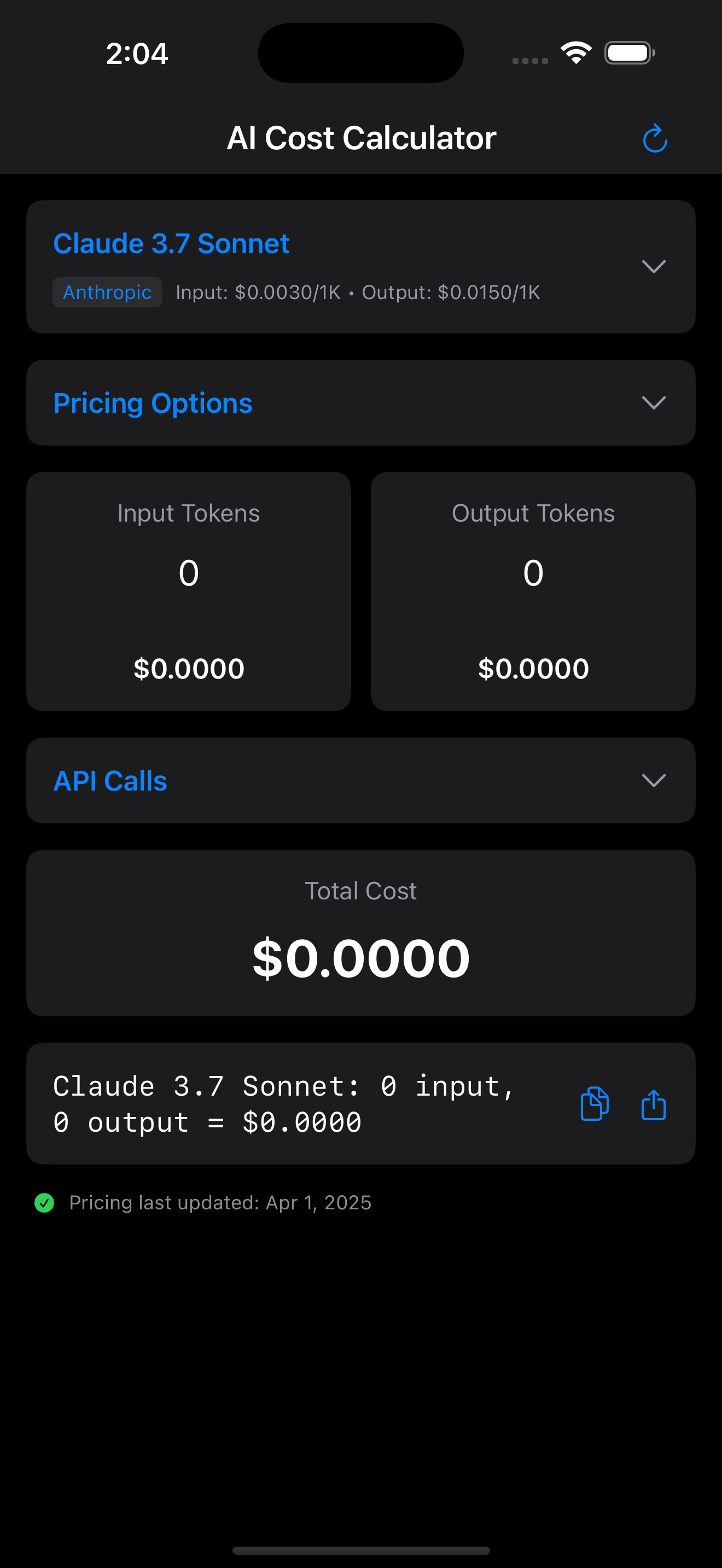AI Cost Calc iPhone - Dark Mode